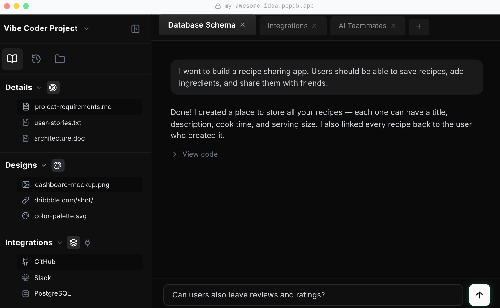 PopDB app builder demo showing AI chat, database schema, and managed hosting